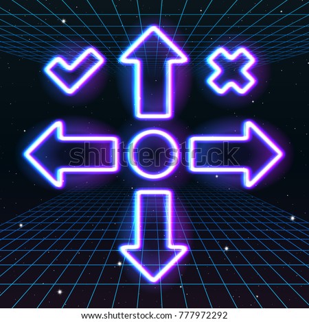 Arrow or cursor icons with retro 80s neon game style. Controller keys with direction cross, on and off buttons on gamepad
