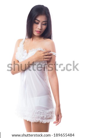 Sexy asian woman in white lingerie, see through dress,  on white background