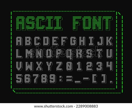 Vector ASCII (merican Standard Code for Information Interchange) style font alphabet, numbers and symbols