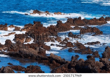 Similar – Image, Stock Photo Further wet beach in the shimmer of the sunset. Waves, clouds and people in the distance.