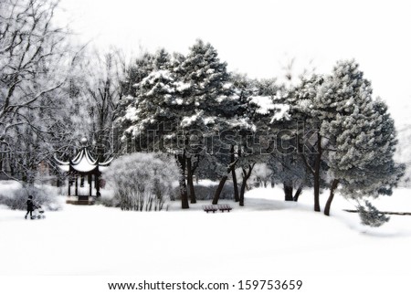 Winter. Snowy pines and Chinese pavilion, women with a pram on walk in a park (Riga, Latvia, Europe)