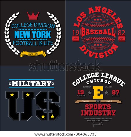 Sport athletic champions college baseball football military logo emblem collection. Vector Graphics and typography t-shirt design for apparel. Colored version.