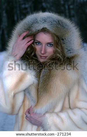Portrait of the beautiful woman in the fur coat of the fox and mink