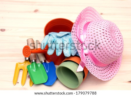 colorful Spring gardening tool on the table