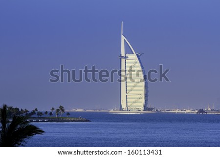 DUBAI, UNITED ARAB EMIRATES -OCTOBER 2 2012 : Burj Al Arab, The most famous landmark 7 stars hotel of United Arab Emirates. Picture taken October 2, 2012.