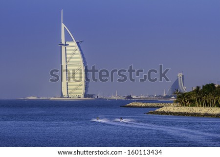 DUBAI, UNITED ARAB EMIRATES -OCTOBER 2 2012 : Burj Al Arab, The most famous landmark 7 stars hotel of United Arab Emirates. Picture taken October 2, 2012.