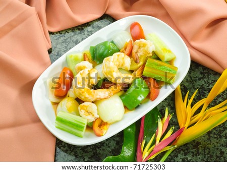 Shrimps fried with oyster sauce and mix vegetables one of the favorite asian food menu