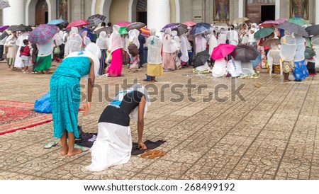 Addis Ababa: Apr 10: Ethiopian Orthodox followers bow down hundreds of times to worship God, and remember the suffering of Christ, during Siklet (crucifixion) on April 10 ,2015 in Addis Ababa,Ethiopia