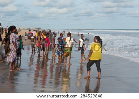 Cotonou, Benin - May 25: Local residents of Cotonou enjoy their Monday afternoon at Obama Beach on May 25, 2015 in Cotonou, Benin.