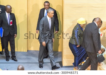 Addis Ababa - July 28: President Obama enters the Nelson Mandela Hall of the African Union, to deliver a keynote speech, on July 28, 2015, at the in Addis Ababa, Ethiopia.