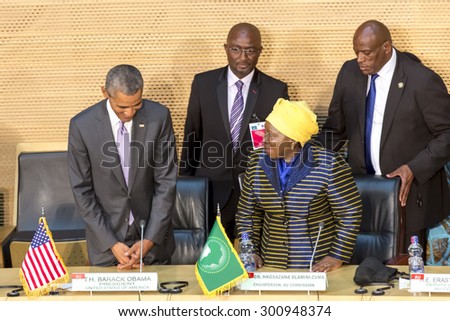 Addis Ababa - July 28: President Obama and Dr. Dlamini Zuma, take their designated seats at the Nelson Mandela Hall of the AU Conference Centre, on July 28, 2015, in Addis Ababa, Ethiopia.