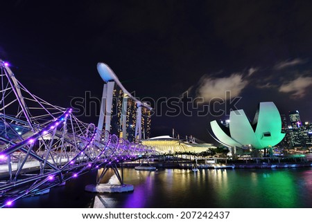 SINGAPORE-JUN 26: The Marina Bay Sands Resort Hotel link with Helix Bridge on June 26, 2014 at Marina Bay, Singapore. The wold's most expensive standalone casino property.