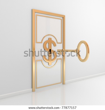 stock photo : Abstract door with golden ornate frame, dollar sign in the middle and antique key. 3d rendered.