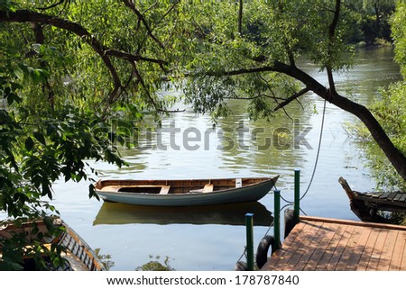 Boat moored in a small Russian River
