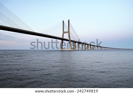 LISBON -  - MAY 27, 2012: Vasco da Gama Bridge - cable-stayed bridge, flanked by viaducts over the River Tagus. It is the longest bridge in Europe