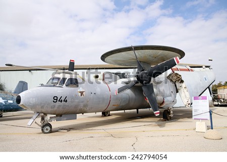 HATZERIM, ISRAEL - FEBRUARY 02, 2012: Northrop Grumman E-2 Hawkeye is an American all-weather, carrier-capable tactical airborne early warning (AEW) aircraft at the museum of the Air Force IDF