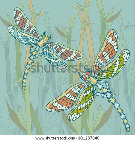 Dragonfly On The Water Plant Background Doodle Style Stock Vector ...