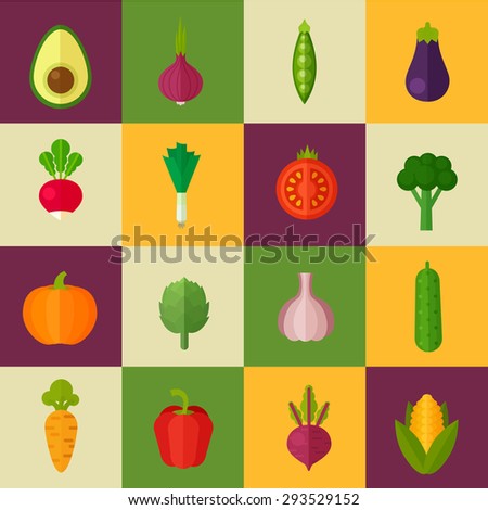 Trendy set of stylish flat vegetable icons for healthy organic menu and vegetarian recipes for phone and internet use