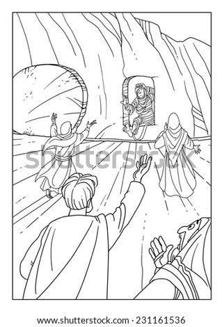 Jesus Raising Lazarus. Lazarus comes out of the tomb, and Martha and Mary are delighted to see him