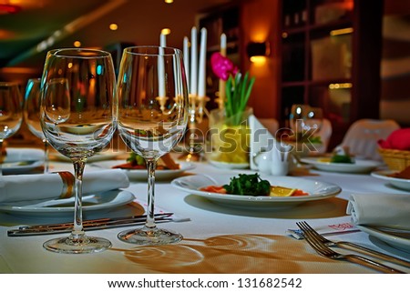 Image, Stock Photo Served banquet table with elegant decorations and plates with cutlery