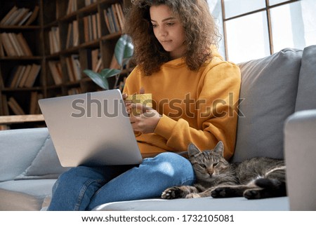 Young hispanic latin ethnic teen girl relaxing sit on comfortable sofa with cute pet cat watching remote education webinar class, movie series on laptop drinking warm tea in cozy sunny living room.