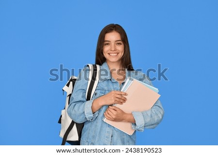 Similar – Image, Stock Photo Blue haired Teenage girl in light blue oversize hoodie lookinginto a camera from down