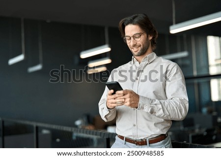 Similar – Image, Stock Photo Businessman using smartphone marketing laptop computer business network manager. man using notebook internet online technology communication.