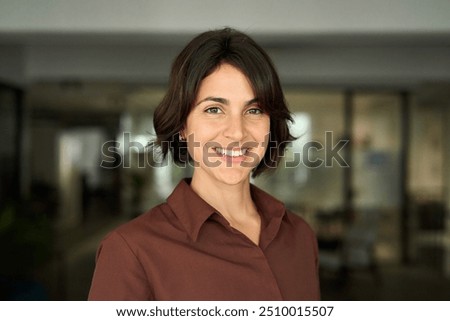 Similar – Image, Stock Photo Close up image of a young woman smile with big teeth and cute dimples. Therapy and looking for help,psychology and psychiatry concepts,copy space