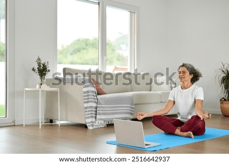 Similar – Image, Stock Photo Middle aged woman doing exercise on the beach