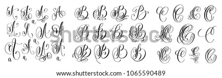 calligraphy letters set A, B and C, script font Isolated on white written with ink, vector illustration