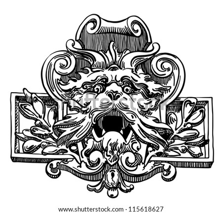 ink drawing of vintage sketch design element of Lviv (Ukraine) historical building, heraldic lion in floral composition