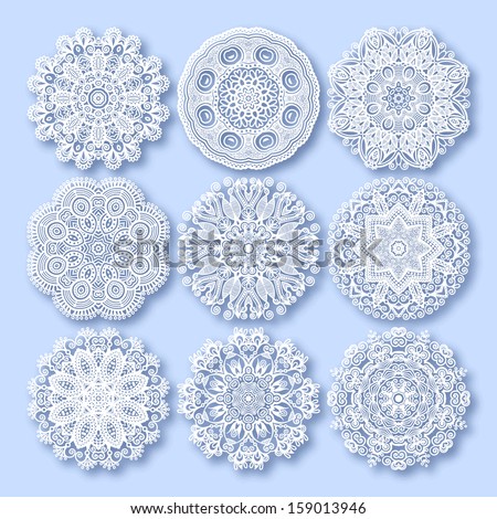 Circle lace ornament, round ornamental geometric doily pattern, christmas snowflake decoration, raster version