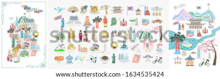 set of 50 doodle vector illustration - sights of South Korea travel collection, lovely flat style korean attractions