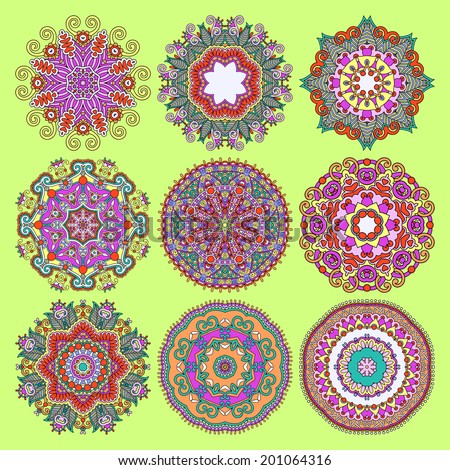 Circle lace ornament, round ornamental geometric doily pattern collection, raster version