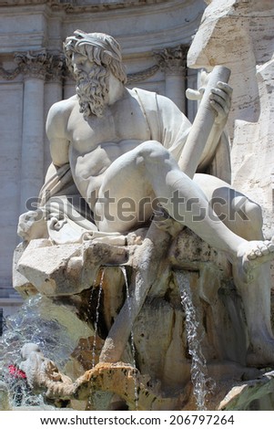 Detail of Fountain of the Four Rivers in Navona Square of Rome, Italy. The fountain was designed by Bernini in 1651.