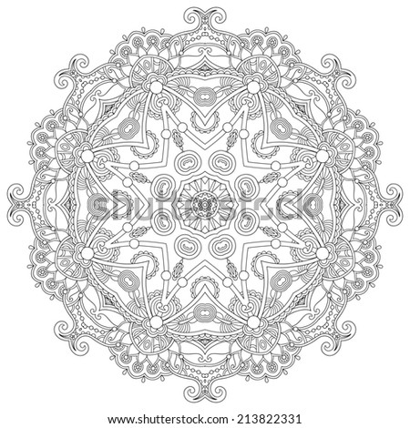 Circle lace ornament, round ornamental geometric doily pattern, black and white collection, raster version