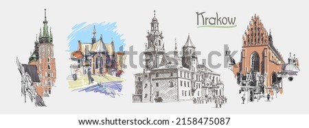 Set of Original sketch drawing of old medieval church in Krakow with hand lettering inscription, Poland