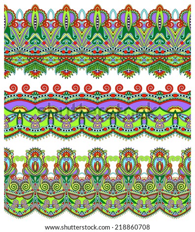 seamless ethnic floral paisley stripe pattern, border set, ukrainian tribal ornament for print or embroidery ribbon, or for the design of polygraphy or web, raster version