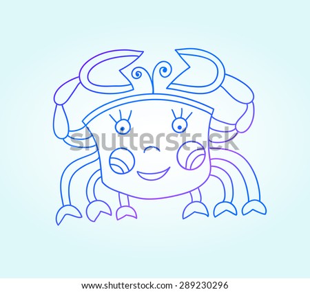 blue line drawing of sea animal, underwater decorative crab, graphic design element for print or web, vector illustration eps10