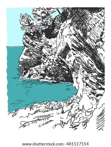 digital sketch drawing of nature rock at adriatic sea in Petrovac Montenegro, vintage touristic postcard, vector illustration