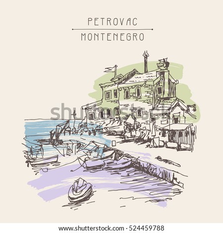 original sepia ink sketch drawing of ancient fort in Petrovac Montenegro, Balkans, Adriatic sea, Europe, vintage touristic postcard, travel vector illustration