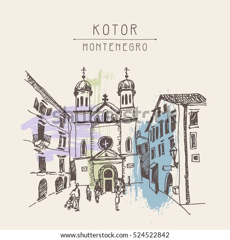 original sepia sketch drawing of Church of Saint Tryphon in Kotor Montenegro,world heritage site of UNESCO, travel postcard vector illustration