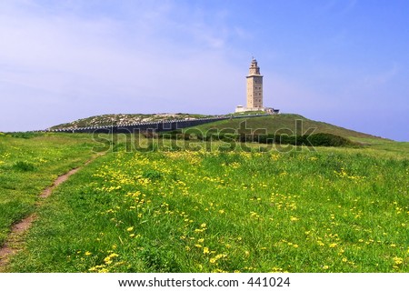 Green field with yellow flowers and a roman lighthouse up the hill