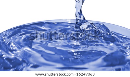 Closeup of water pouring down on a glass. Isolated on White.