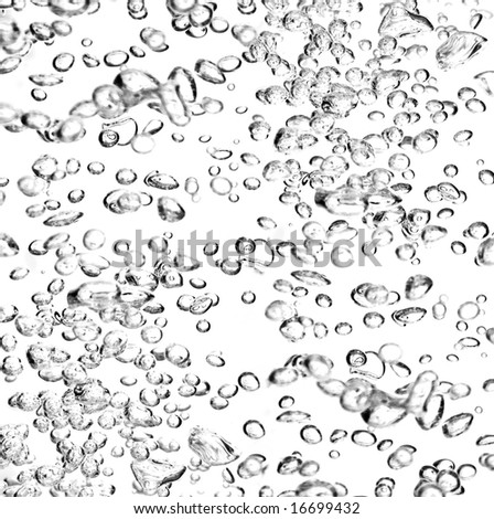 Closeup of various air bubbles rising in water. White Background.