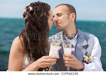 beautiful young couple in love bride and groom celebrating their wedding day with champagne on the background Sea.