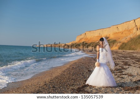 Bride in wedding dress the beach sunset