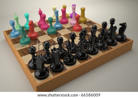 Disordered color chess team vs. regular black team
