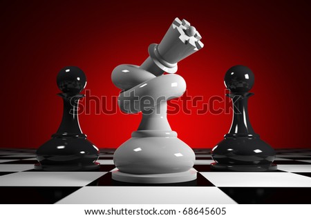 White queen tied to knot, stands between two black pawns on red back ground