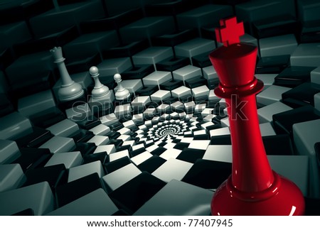 red chess king on round chessboard vs white figures